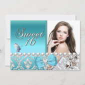 Sweet 16 Zestien Blue Damask Butterfly Voeg foto t Kaart (Voorkant)