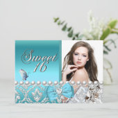 Sweet 16 Zestien Blue Damask Butterfly Voeg foto t Kaart (Staand voorkant)