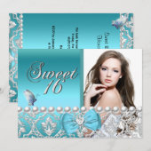 Sweet 16 Zestien Blue Damask Butterfly Voeg foto t Kaart (Voorkant / Achterkant)