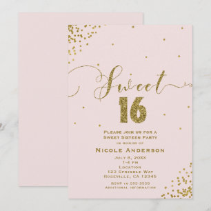 SWEET 16 Zestien Blush Pink & Gold Confetti Corner Kaart