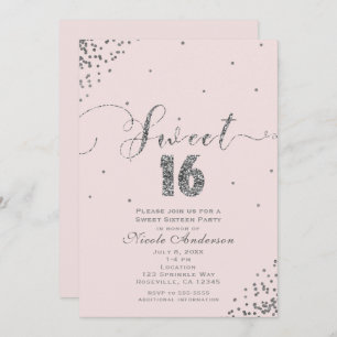 SWEET 16 Zestien Blush Pink Silver Confetti Corner Kaart