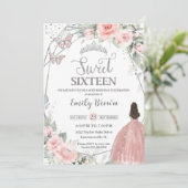Sweet 16 Zestien Blush Roze Bloemen Zilver Verjaar Kaart (Staand voorkant)