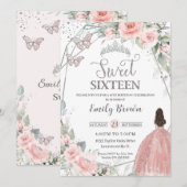Sweet 16 Zestien Blush Roze Bloemen Zilver Verjaar Kaart (Voorkant / Achterkant)