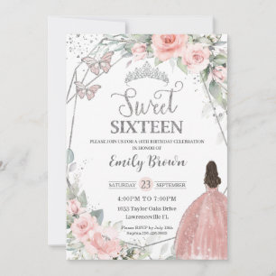 Sweet 16 Zestien Blush Roze Bloemen Zilver Verjaar Kaart