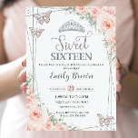 Sweet 16 Zestien Blush Roze Bloemen Zilver Verjaar Kaart<br><div class="desc">Personaliseer deze mooie Sweet 16 Verjaardagsuitnodiging met eigen bewoordingen eenvoudig en snel,  druk simpelweg op de knop aanpassen om de stijl en plaatsing van de tekst verder te herschikken en op te maken. Overeenkomende objecten beschikbaar in de winkel! c) The Happy Cat Studio</div>