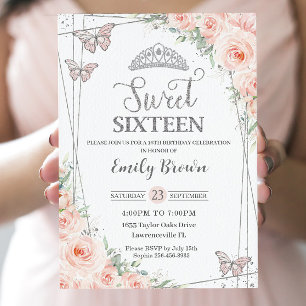 Sweet 16 Zestien Blush Roze Bloemen Zilver Verjaar Kaart