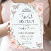 Sweet 16 Zestien Blush Roze Bloemen Zilver Verjaar Kaart