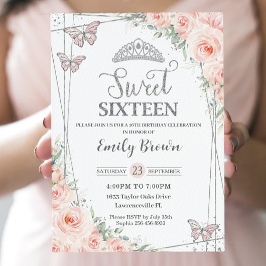 Sweet 16 Zestien Blush Roze Bloemen Zilver Verjaar Kaart