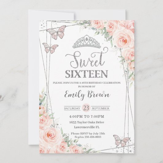 Sweet 16 Zestien Blush Roze Bloemen Zilver Verjaar Kaart (Voorkant)