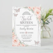 Sweet 16 Zestien Blush Roze Bloemen Zilver Verjaar Kaart (Staand voorkant)