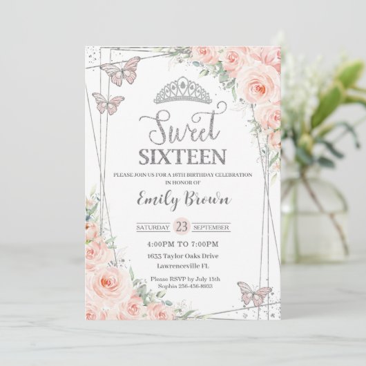 Sweet 16 Zestien Blush Roze Bloemen Zilver Verjaar Kaart (Staand voorkant)