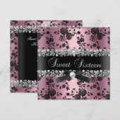 Sweet 16 Zestien Damasroze zilvervlies Kaart (Voorkant / Achterkant)