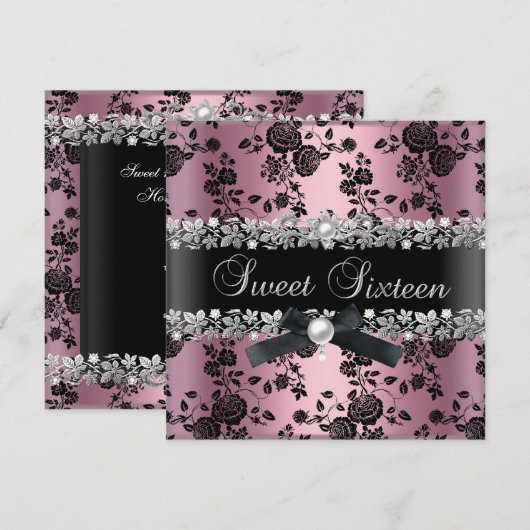 Sweet 16 Zestien Damasroze zilvervlies Kaart (Voorkant / Achterkant)
