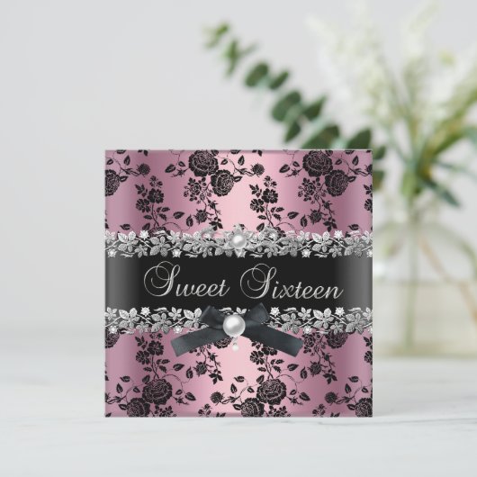 Sweet 16 Zestien Damasroze zilvervlies Kaart (Staand voorkant)