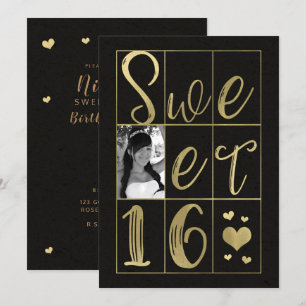 SWEET 16 ZESTIEN Goud & Zwarte Harten Foto Kaart