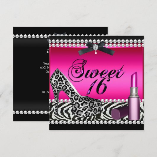 Sweet 16 Zestien Hot Pink Lipstick Zebra Kaart (Voorkant / Achterkant)