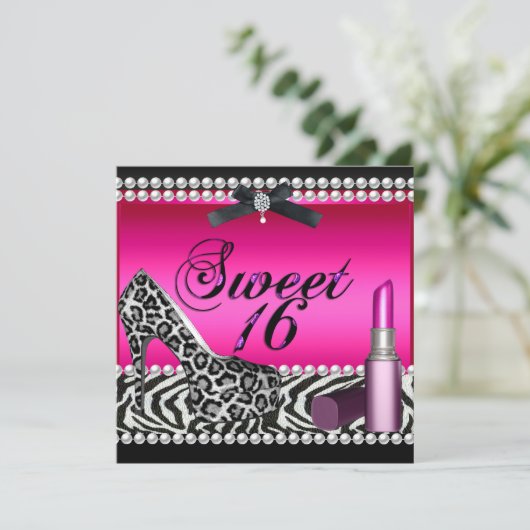 Sweet 16 Zestien Hot Pink Lipstick Zebra Kaart (Staand voorkant)