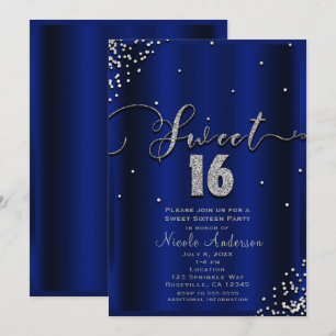 SWEET 16 Zestien Koningsblauw Zilver Confetti Hoek Kaart