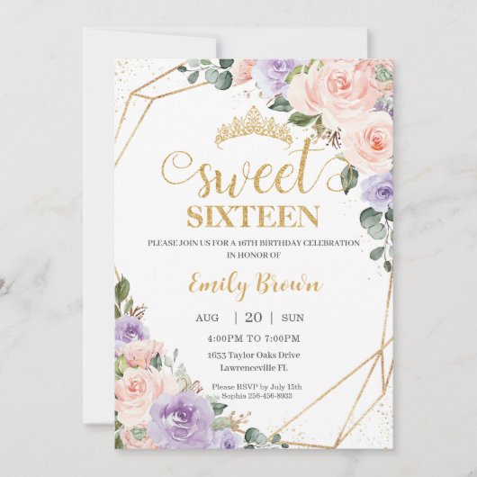 Sweet 16 Zestien Lila Blush Bloemen Goud Verjaarda Kaart (Voorkant)