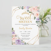 Sweet 16 Zestien Lila Blush Bloemen Goud Verjaarda Kaart (Staand voorkant)