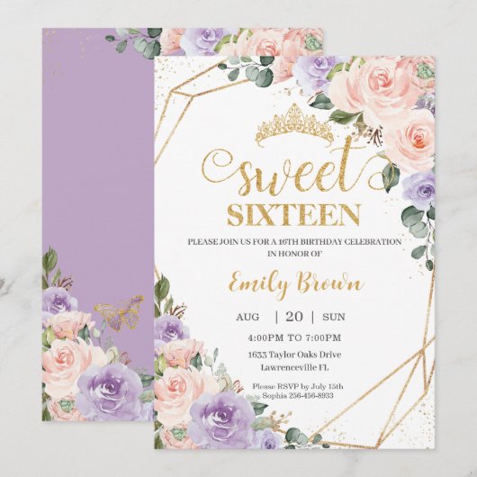 Sweet 16 Zestien Lila Blush Bloemen Goud Verjaarda Kaart (Voorkant / Achterkant)