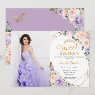 Sweet 16 Zestien Lila Blush Bloemen Verjaardagsfot Kaart