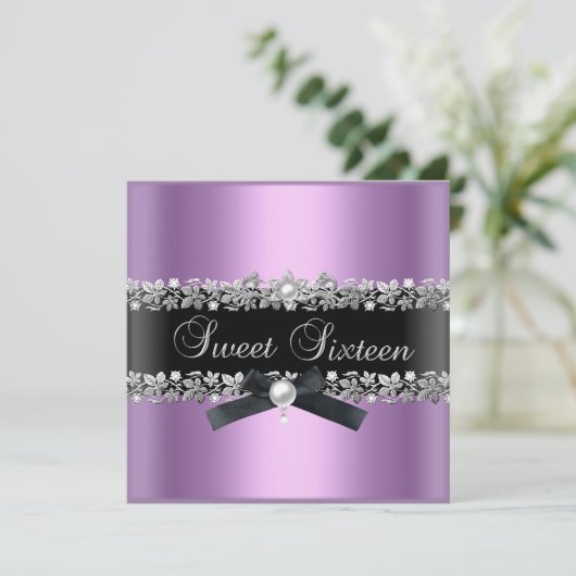 Sweet 16 Zestien Lila roze zilvervlies Kaart (Staand voorkant)