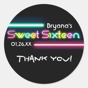 SWEET 16 Zestien Neon Glow Zwarte Feeststicker Ronde Sticker