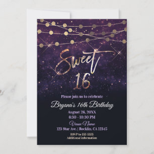 Sweet 16 Zestien Paars & Goud Glitter Lichtjes Kaart