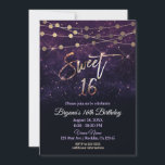 Sweet 16 Zestien Paarse en goudlampen Kaart<br><div class="desc">Sweet 16 Zestien Paarse en goudsparkle-partijen</div>