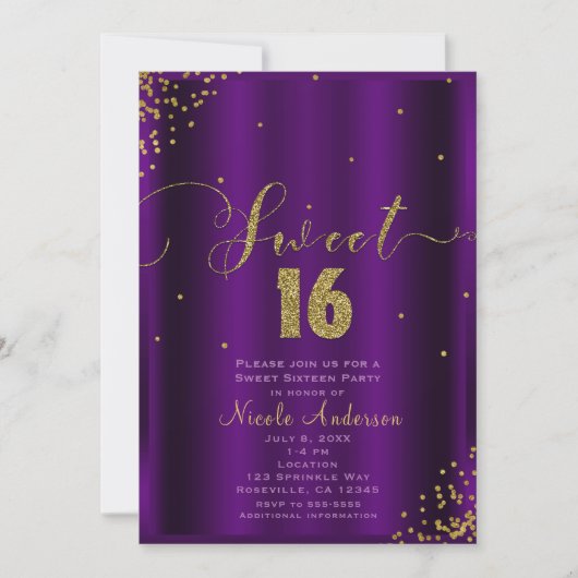 SWEET 16 Zestien Paarse & Gouden Confetti Hoeken Kaart (Voorkant)