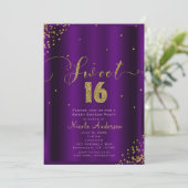 SWEET 16 Zestien Paarse & Gouden Confetti Hoeken Kaart (Staand voorkant)