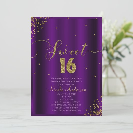 SWEET 16 Zestien Paarse & Gouden Confetti Hoeken Kaart (Staand voorkant)