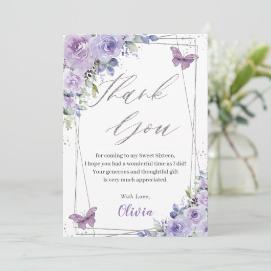 Sweet 16 Zestien Paarse Lila Floral Butterflies Bedankkaart (Staand voorkant)