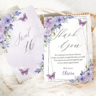 Sweet 16 Zestien Paarse Lila Floral Butterflies Bedankkaart