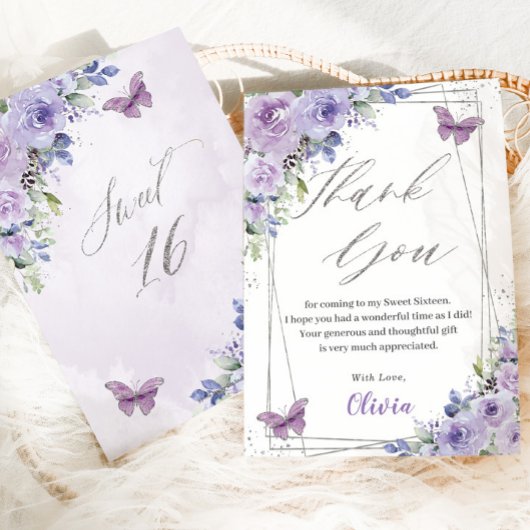 Sweet 16 Zestien Paarse Lila Floral Butterflies Bedankkaart