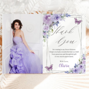 Sweet 16 Zestien Paarse Lila Floral Butterflies Bedankkaart