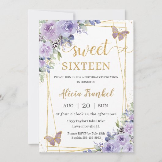 Sweet 16 Zestien Paarse Lila Floral Butterflies Kaart (Voorkant)