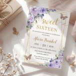 Sweet 16 Zestien Paarse Lila Floral Butterflies Kaart<br><div class="desc">Pas deze mooie Sweet 16 uitnodiging gemakkelijk en snel aan met eigen woorden,  druk eenvoudig de pas het knoop aan om de stijl en de plaatsing van de tekst verder te herschikken en te formatteren. Overeenkomende objecten in de winkel! c) De Happy Cat Studio</div>