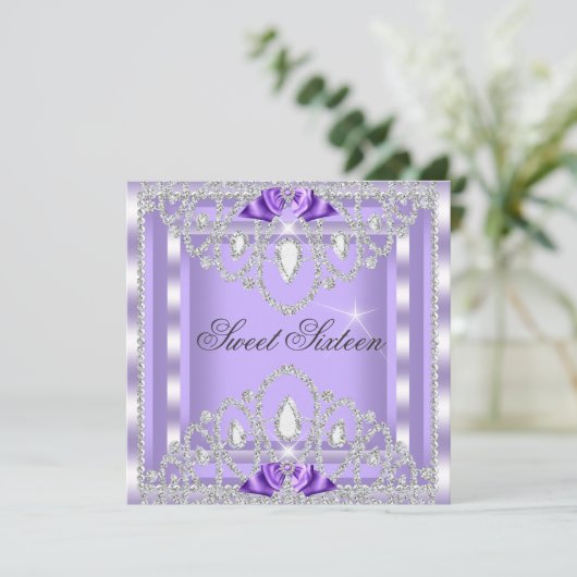 Sweet 16 Zestien Paarse Silver Diamond Party 3I Kaart (Staand voorkant)