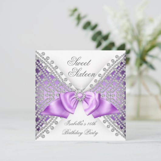 Sweet 16 Zestien Paarse White Diamond Party Kaart (Staand voorkant)