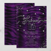 SWEET 16 Zestien Paarse Zebra & Zilveren Bling Kaart (Voorkant / Achterkant)