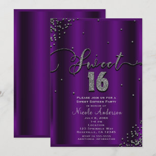 SWEET 16 Zestien Paarse & Zilveren Confetti Hoeken Kaart