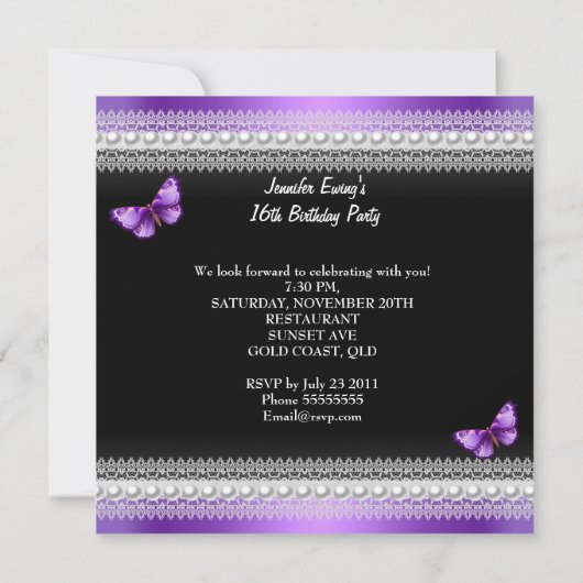 Sweet 16 Zestien Paarse zwarte vlinder Kaart (Achterkant)