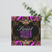 Sweet 16 Zestien Partij Hot Pink Bronze Tiara Zebr Kaart (Staand voorkant)