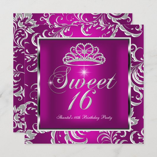 Sweet 16 Zestien Partij Roze Plum Damask Silver Kaart (Voorkant / Achterkant)