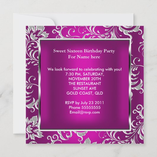 Sweet 16 Zestien Partij Roze Plum Damask Silver Kaart (Achterkant)