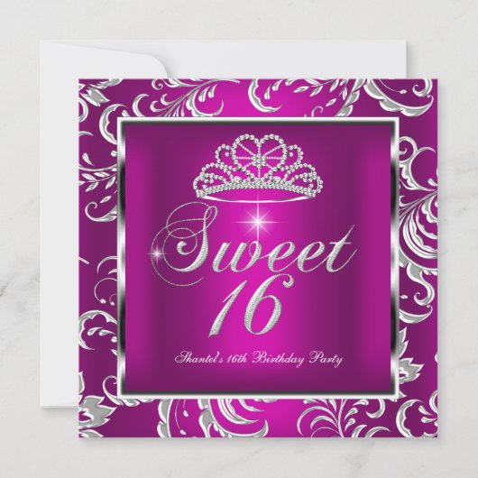 Sweet 16 Zestien Partij Roze Plum Damask Silver Kaart (Voorkant)