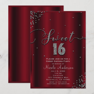 SWEET 16 Zestien Rood & Zilver Confetti Hoeken Kaart