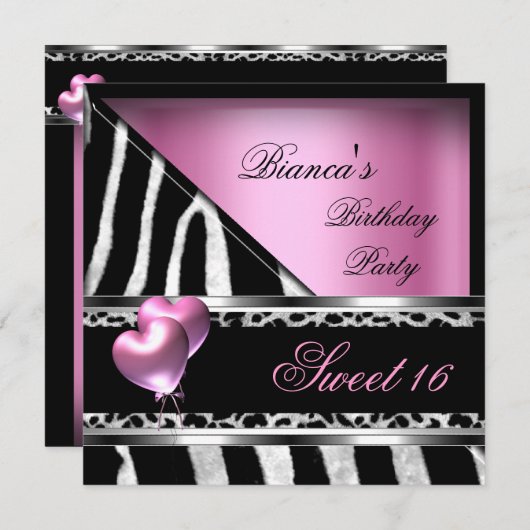 Sweet 16 Zestien roze ballonnen Zebra luipaard Kaart (Voorkant / Achterkant)
